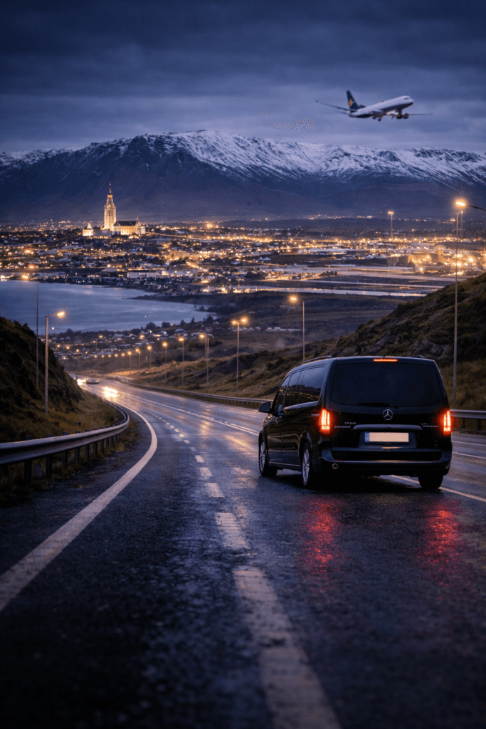 Private airport transfer Iceland – Mercedes van driving toward Reykjavik at night