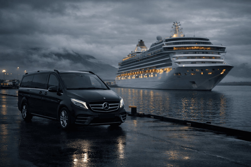 Private airport transfer Iceland – Mercedes van driving Reykjavík harbour