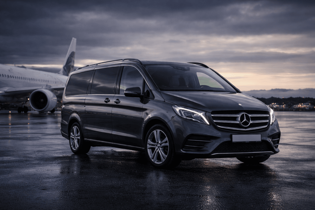 Private airport transfer Iceland – Mercedes van driving toward Reykjavik at night