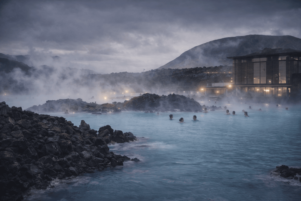 Blue Lagoon Iceland geothermal spa with volcanic landscape