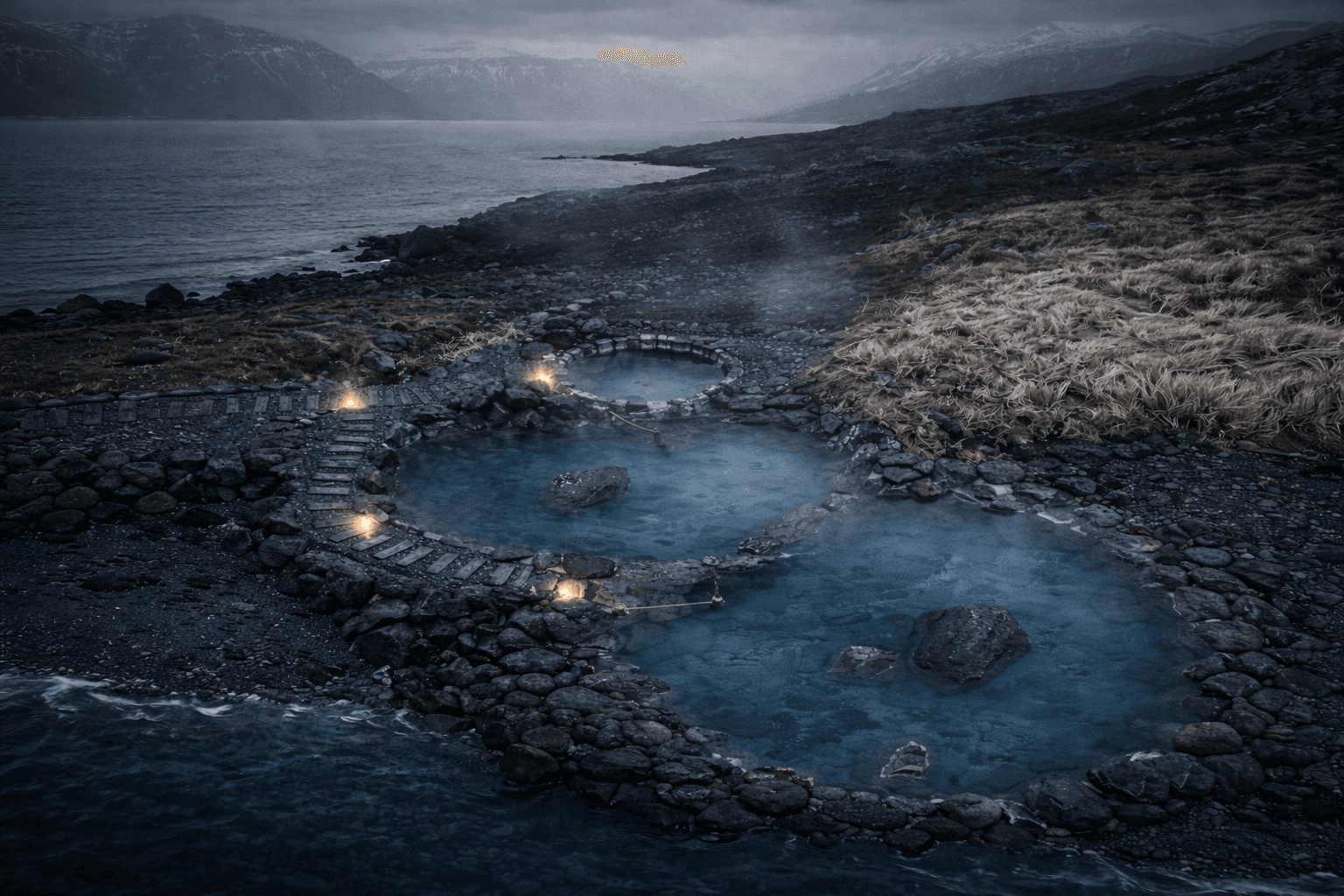 Hvammsvik Hot Springs in Fjord of Iceland