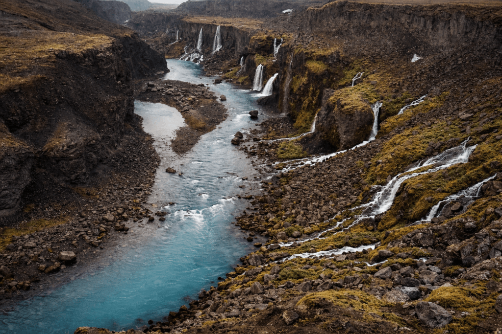 Iceland canyon with waterfalls – dramatic volcanic landscape