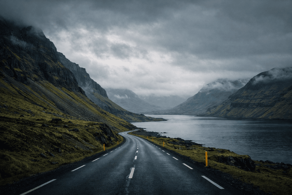 Private transfer in Iceland scenic road through fjord landscape