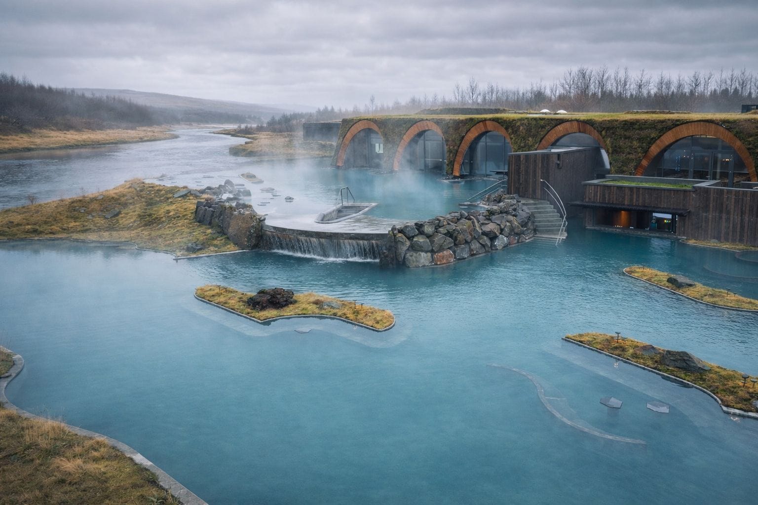 Laugaras Lagoon geothermal spa pools by the river on the Golden Circle route near Reykjavik Iceland