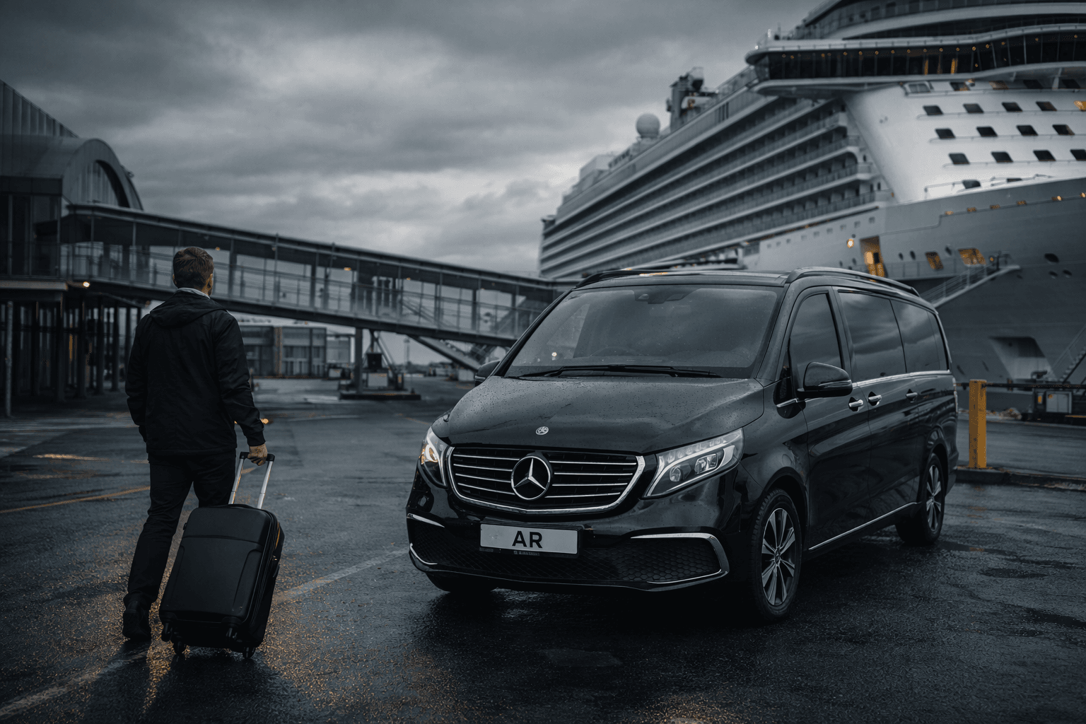 Private airport transfer Iceland – Mercedes van driving Reykjavík harbour